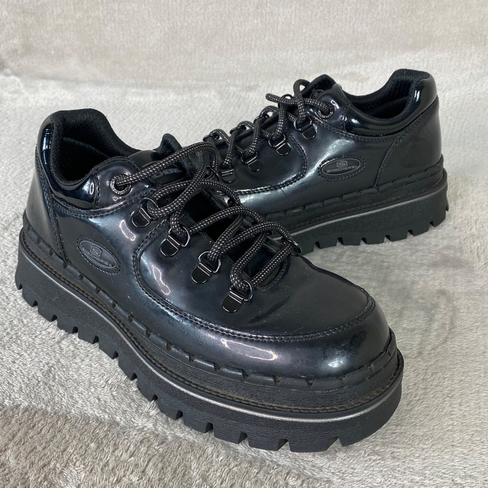 Skechers Jammers Patent Leather Womens Size 7.5 Cool Black Lug Sole - Picture 3 of 10
